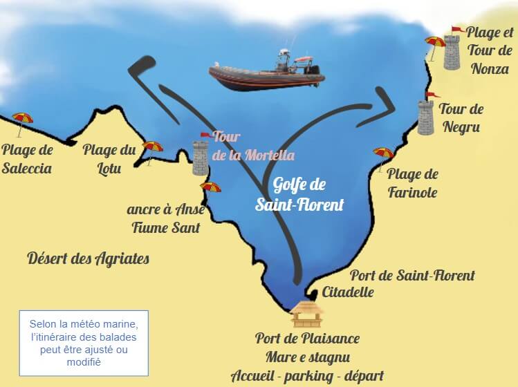 carte des balades en bateau à saint florent en corse avec david nottin, super promenade en mer